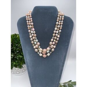 Vintage Japan Pink Gold Fleck Bead 3 Strand Necklace Pastel Sugar Beads 1950s